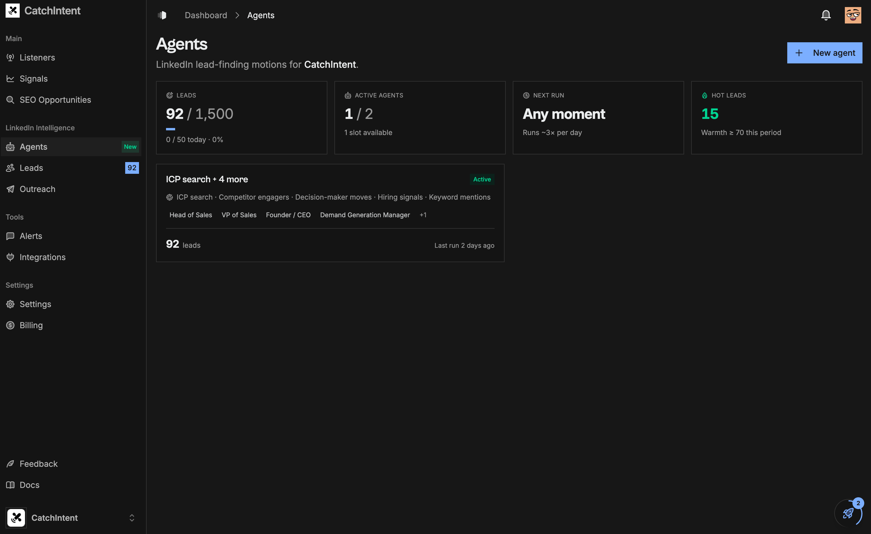 CatchIntent LinkedIn Intelligence agents, configured to find buyers showing real intent every day