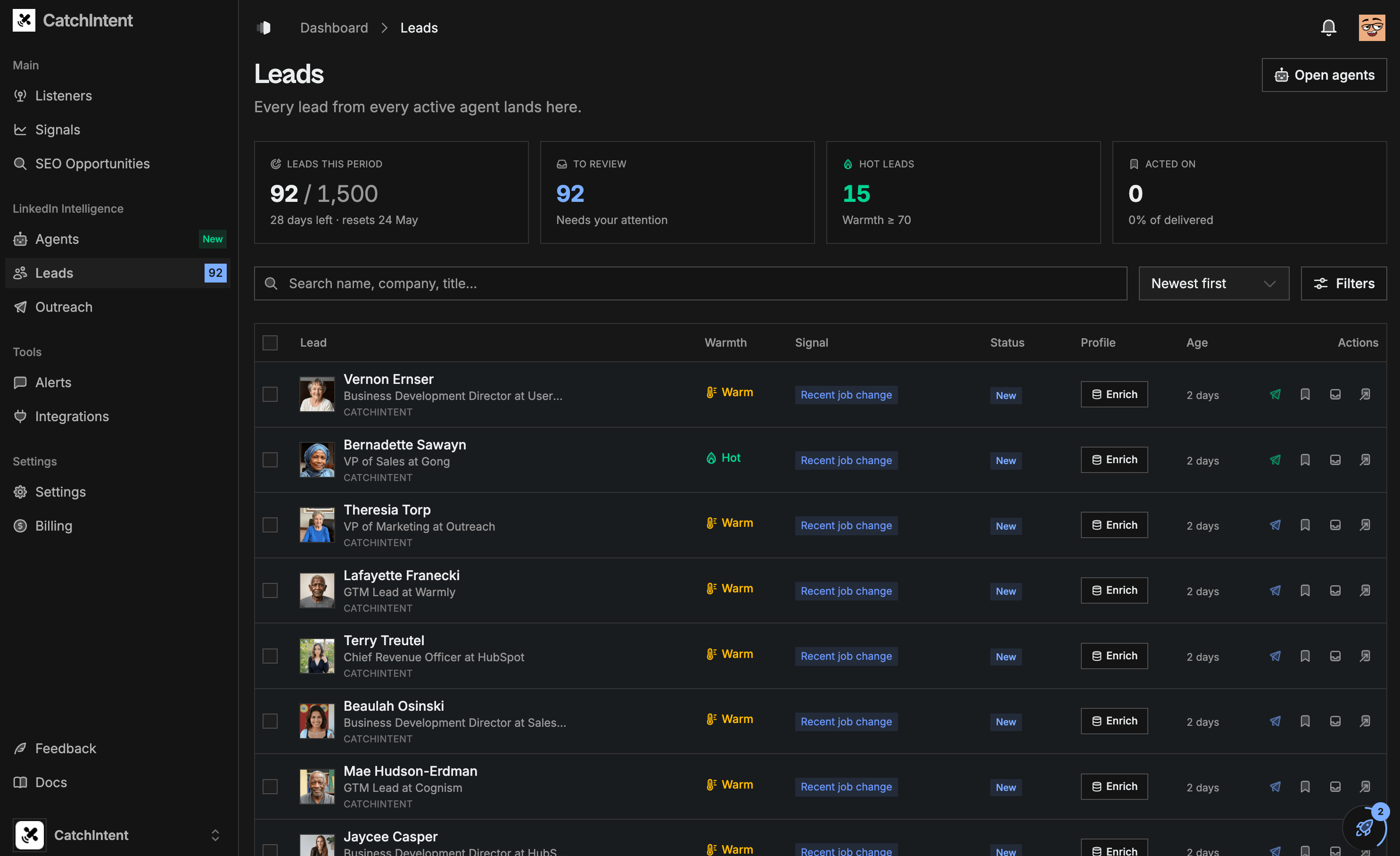 CatchIntent Leads feed, with warmth scores, the verbatim engagement, and a drafted opener for each lead