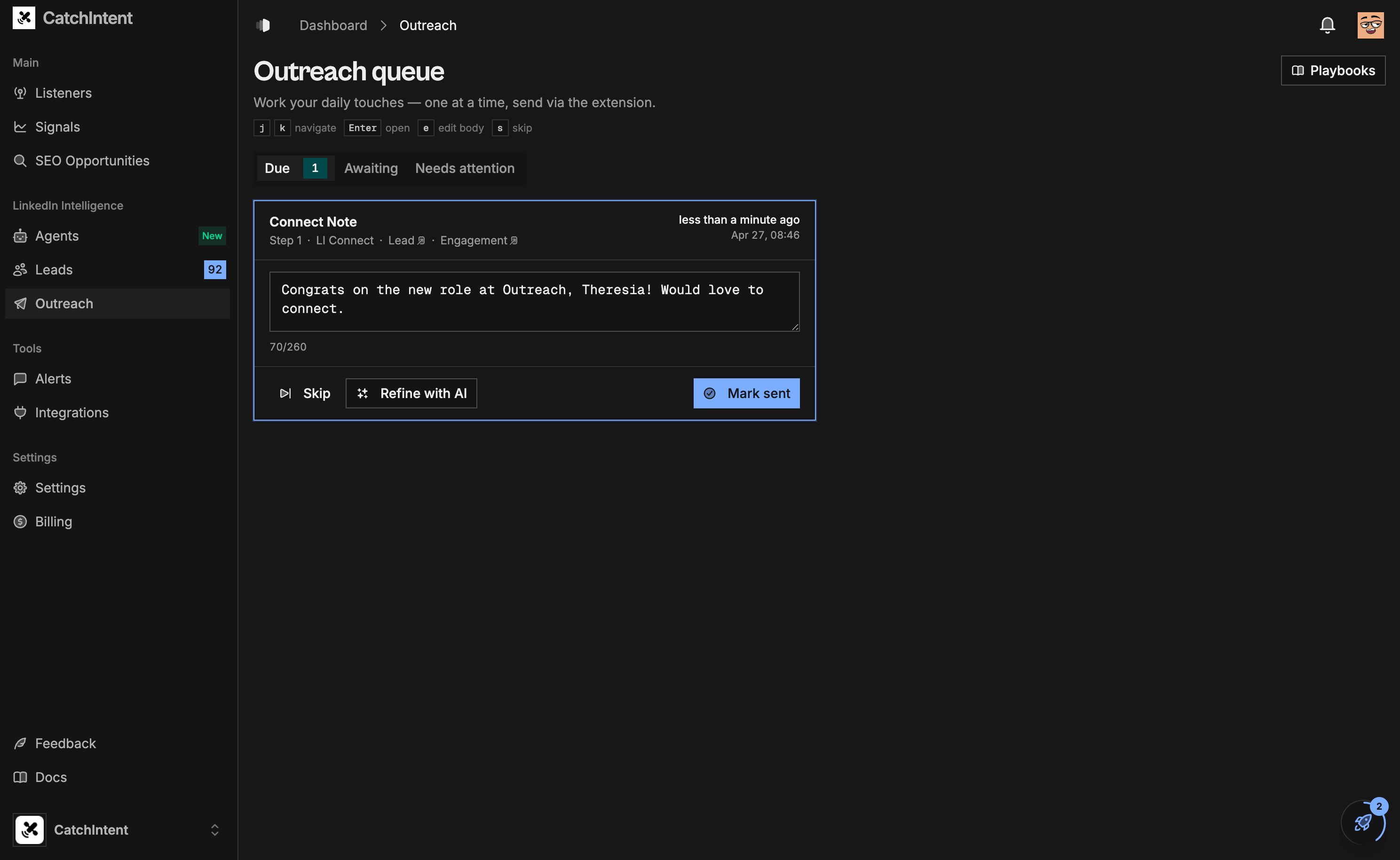 CatchIntent Outreach module, pushing leads to Lemlist, Instantly, Apollo, Close, Pipedrive, or HubSpot in one click